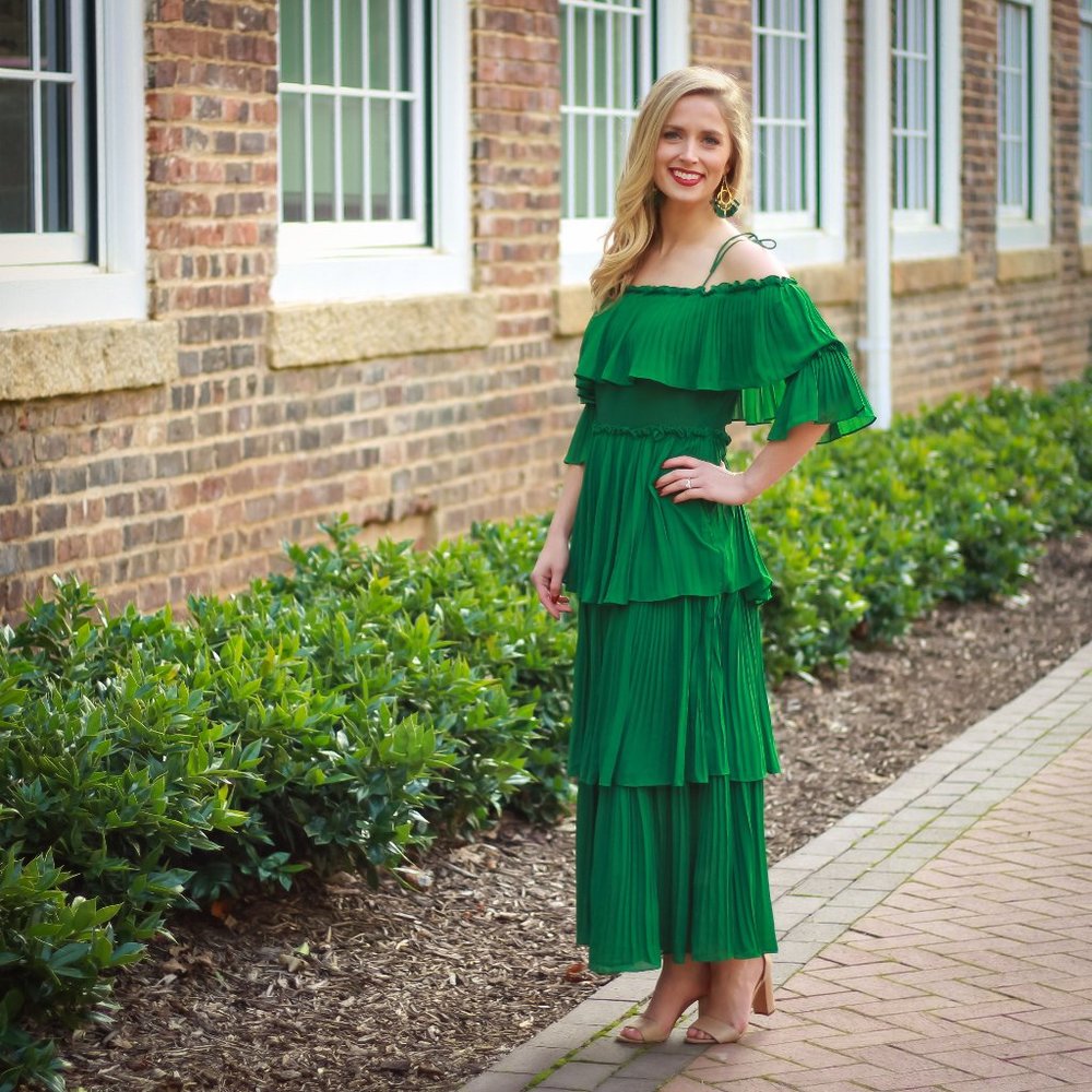 Green Pleated Midi Dress Off Shoulder